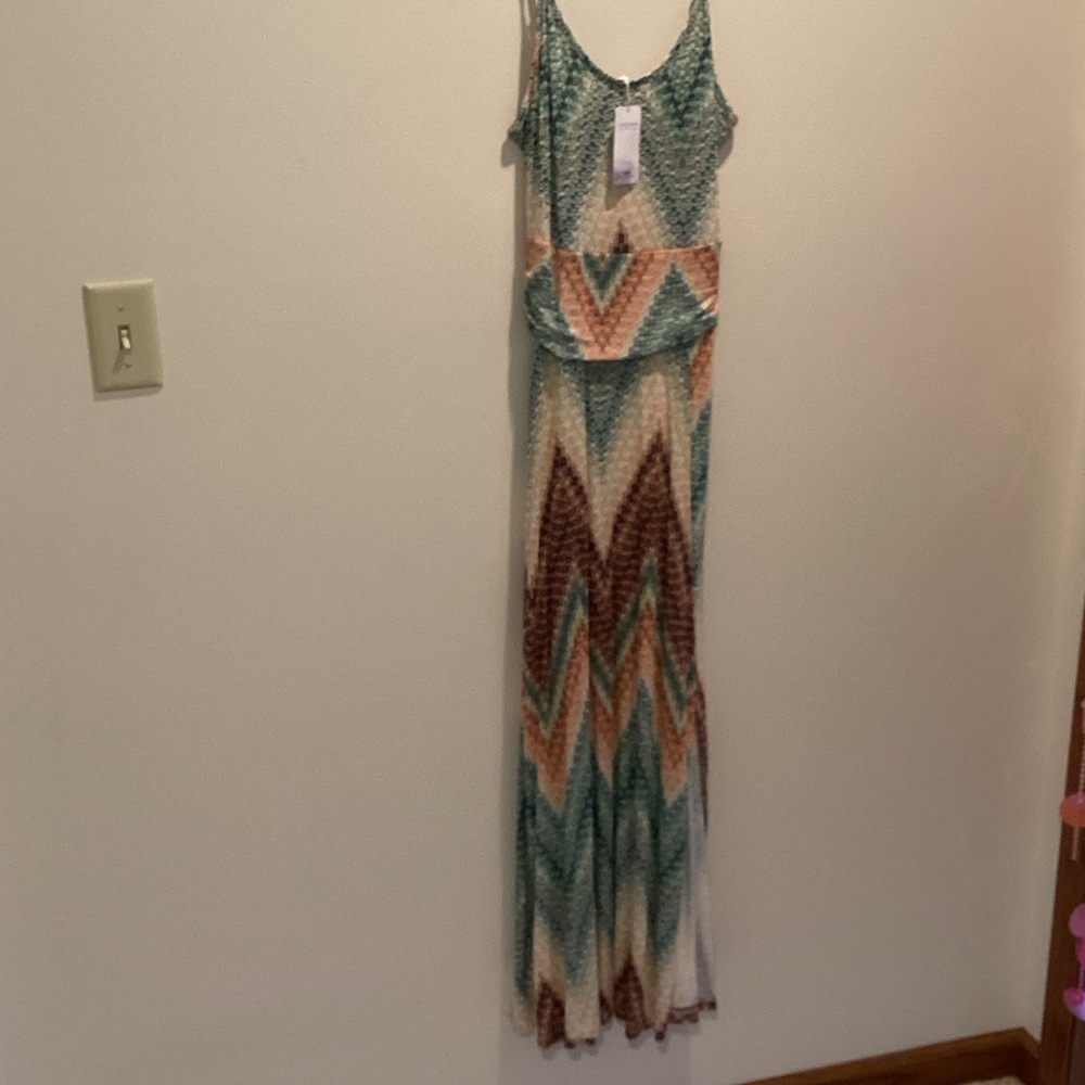 NWT Lascana Sleeveless Chevron Maxi Dress in Teal, peach & Brown